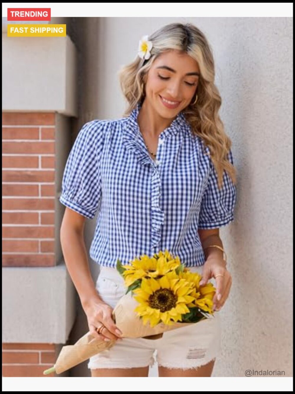Cotton Plaid Gingham Short Sleeve Button Down Ruffle V Neck Blouse Shirt - Picture 3 of 7